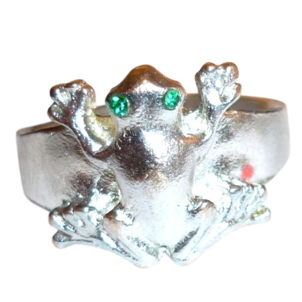 Vintage Silver Tone Frog Ring Green Rhinestone Eyes Animal Jewelry Size 6.5